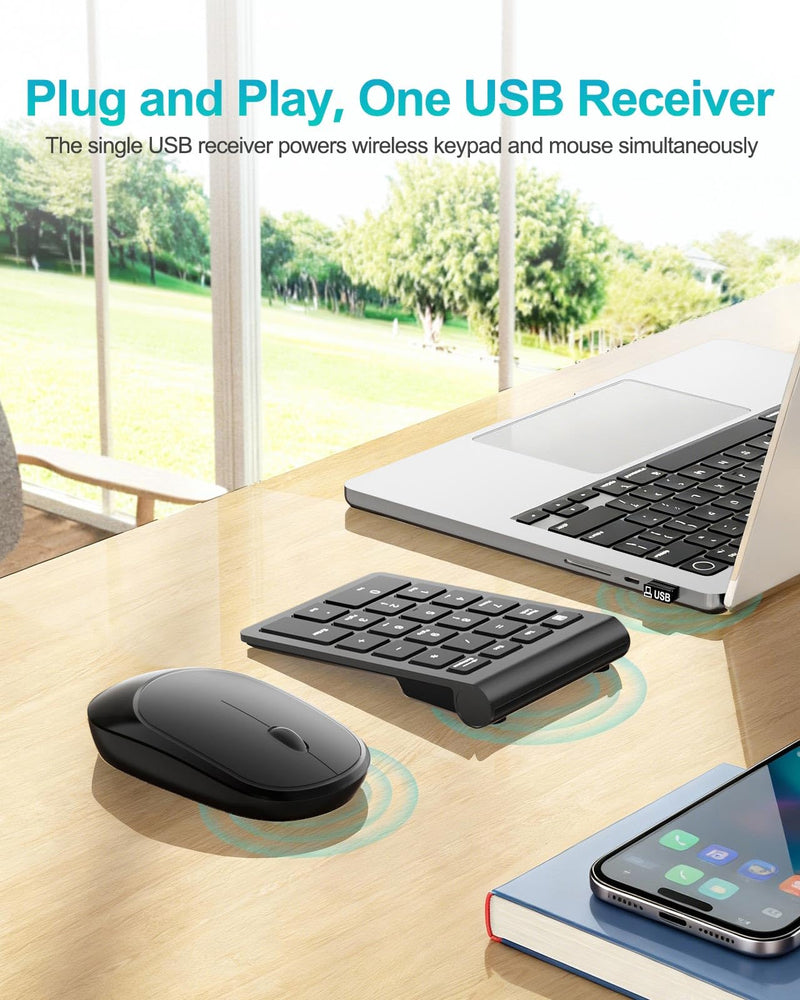 Lekvey Wireless Number Pad, Numeric Keypad and Mouse Combo | 22 Keys & Mouse Set, Share One 2.4G USB, Compact Portable Slim, 10 Key Numpad, for Laptop, Mac, Notebook, PC, Computer, Black