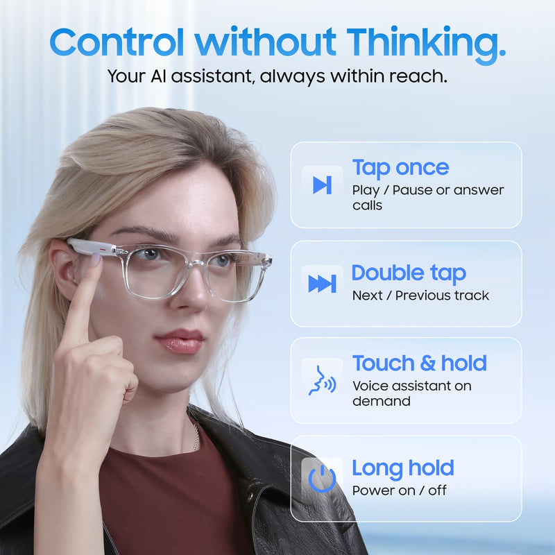 AI Smart Glasses, Translator, Open-Ear Bluetooth Audio, White TR90 Frame | Real-time AI interpreter & translator, open-ear speakers, auto on/off wear sensor, touch control, for men & women