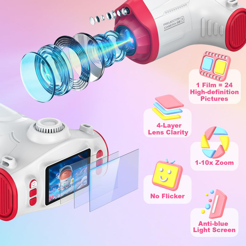 Kids Camera with Projector, Big Screen 1080P Photography Kids Recorder with Tripod, Lanyard, 32GB Kids Video Vlogging Camera for Age 3-12, Christmas Birthday Gifts Toys for Boys Girls, White