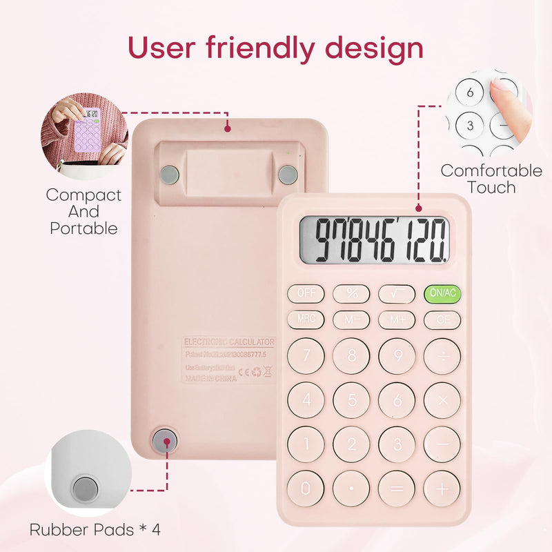 Cute Calculator, Basic Four Function Calculator for Teachers Students Basics Office, Small Handheld Calculator, 8 Digit with LCD Display, Sensitive Button, 5.5×3.2 inches Pink