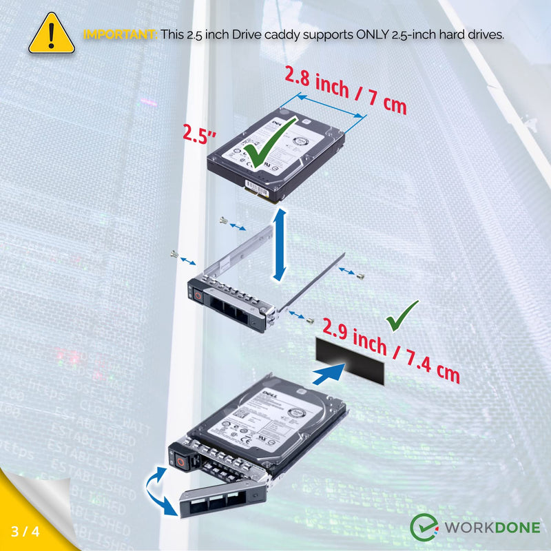 WORKDONE 2-Pack 2.5" SFF Bracket - fits Dell PowerEdge 17-14th Gen DXD9H | Only for smaller 2.9" Wide Hot-Swap Bay, R570 R670 R770 R260 R360 T560 R660 R6615 R6625 HS5610, Bright LED, Tray Sled, Manual