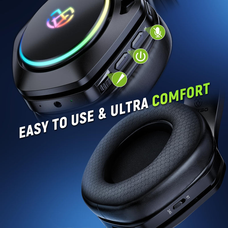 [AUSTRALIA] - Tatybo Wireless Gaming Headset for Ps5 Ps4 PC, 2.4GHz USB & Type-C Gaming Headphones, 40Hrs & 7.1 Surround Sound Bluetooth Headphones with Noise Canceling Mic, Wireless Headset for Switch Phone Black 