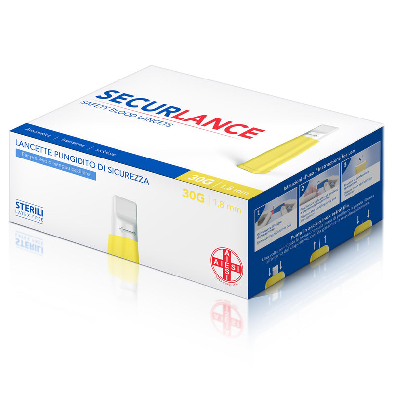 AIESI® Sterile Disposable Lancets with Safety System and Retractable Stainless Steel Tip Needle 30G Securance (Pack of 100)