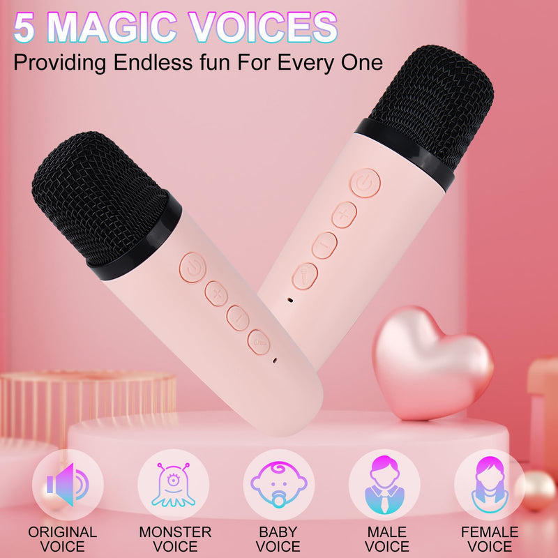 Karaoke Machine for Kids Adults, Mini Portable Bluetooth Karaoke Speaker with 2 Wireless Microphone and Lights,Toys for All Smartphones,Birthday, Family,Home Party Pinkcolor
