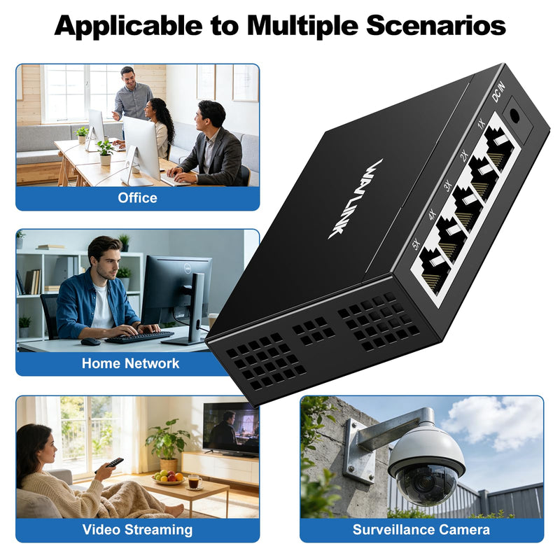 WAVLINK 5-Port Gigabit Ethernet Unmanaged Switch, Home Network Hub, Office Ethernet Splitter, Plug & Play, Desktop/Wall Mount, Silent Operation, Metal Case Non-PoE 5 Port