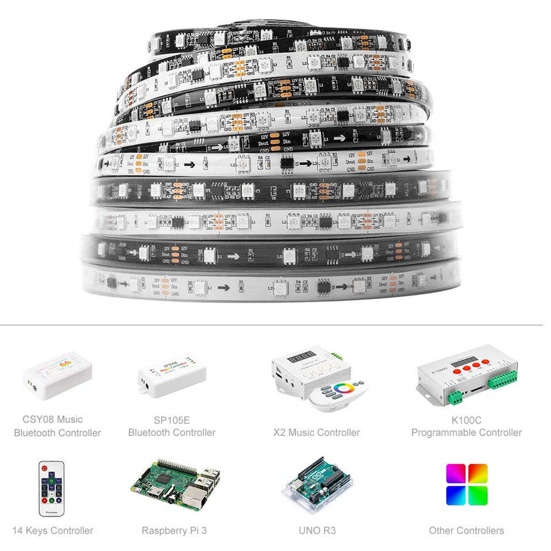 BTF-LIGHTING WS2811 Addressable LED Strip Ultra Bright 5050SMD RGB 60LED/m 20Pixels/m Multi-Colored Light Total 300LED 100Pixels 16.4FT DC12V IP65 Silicone Coating Waterproof(No Adapter or Controller) 60LEDs/m IP65 Silicone coating waterproof