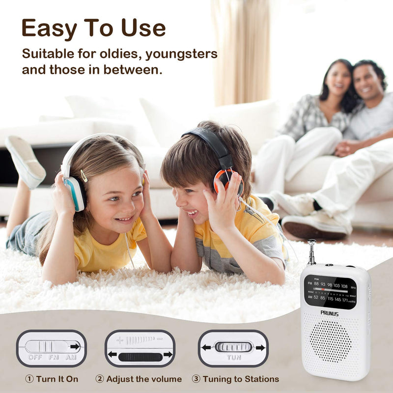 [AUSTRALIA] - PRUNUS J-777 Pocket Radios Portable AM FM Small Personal Radio with Best Reception, AAA Battery Operated Transistor Radio with Headphone & Speaker for Walk/Jogging/Camping White 