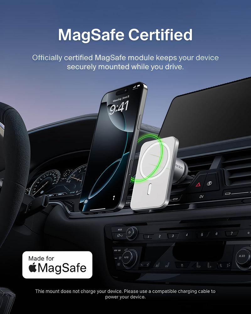 Belkin MagSafe Car Vent Mount Pro, Magnetic Phone Holder for iPhone 16/15/14/13/12, Secure Grip, Portrait & Landscape View, Cable Management, Air Vent Clip, Magsafe Compatible, Silver, Includes Cloth