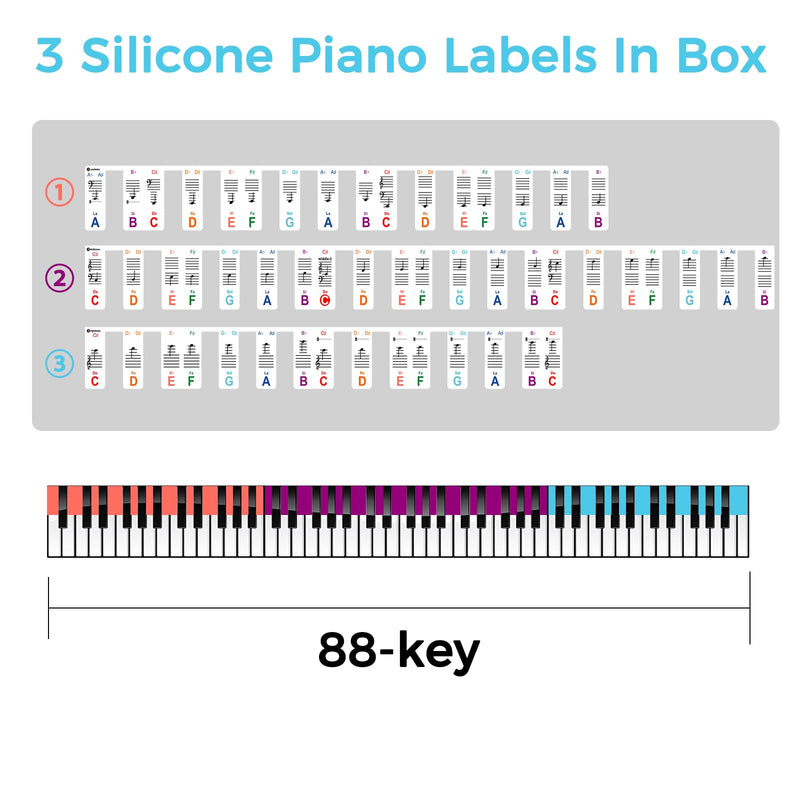 Removable Piano Keyboard Notes Labels, Piano Keyboard Stickers,Piano Key Stickers for Beginner 88/76/61/54/49/37 Key, Made of Reusable Silicone Comes with a Dust Cover and Box Multicolor 88-multicolor