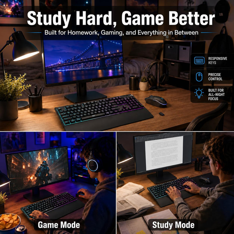 seenda Wireless Gaming Keyboard and Mouse, RGB Backlit & Web Customizable | Multi-Device Connection, Programmable, Full Size Rechargeable Keyboard with Wrist Rest & 7200 DPI Mouse for PC/Mac/Laptop Black
