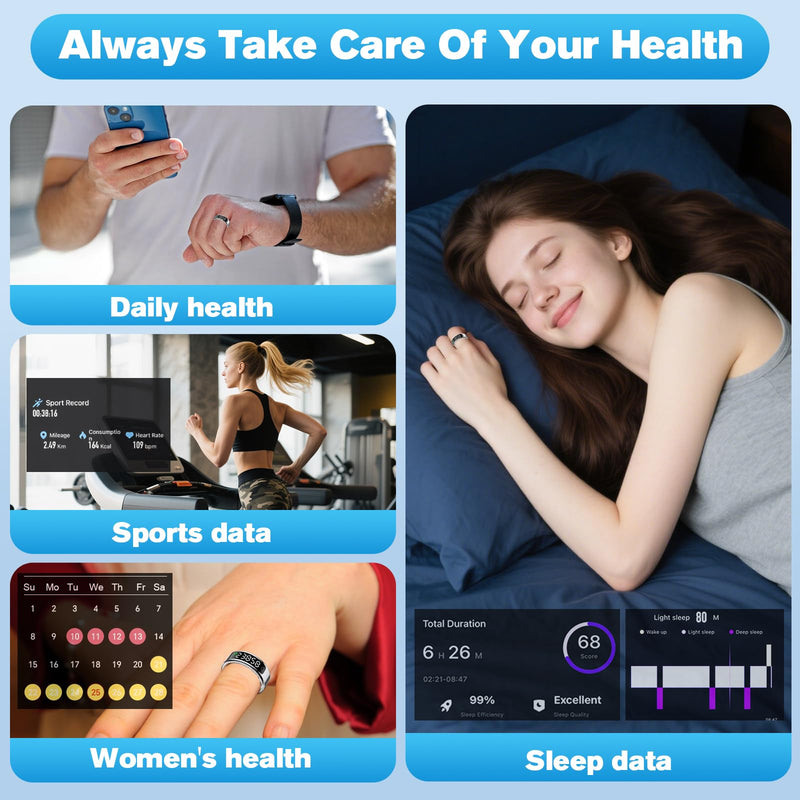 Smart Ring Health Tracker for Men/Women,Fitness Ring Sleep Tracker with LED Display Sreeen,Fast Charging,Health and Sleep Monitoring,Motion Tracking,Female Cycle,Waterproof(Silver,11) 11 Silver