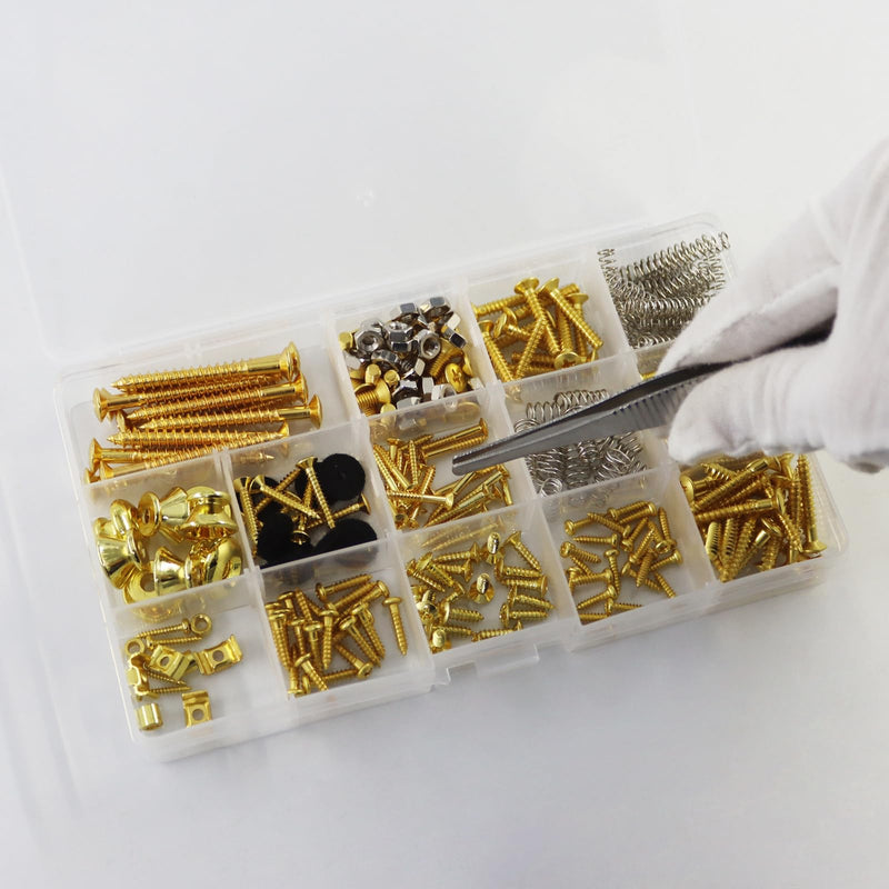 [AUSTRALIA] - Electric Guitar Screw Set, Suitable for Bridges, Pickups, Pickguards, Tuners, Toggle Switches, and Neck Plates. This 233-Piece DIY Tool Kit Includes Tweezers and Strap Buttons, Gold Golden 