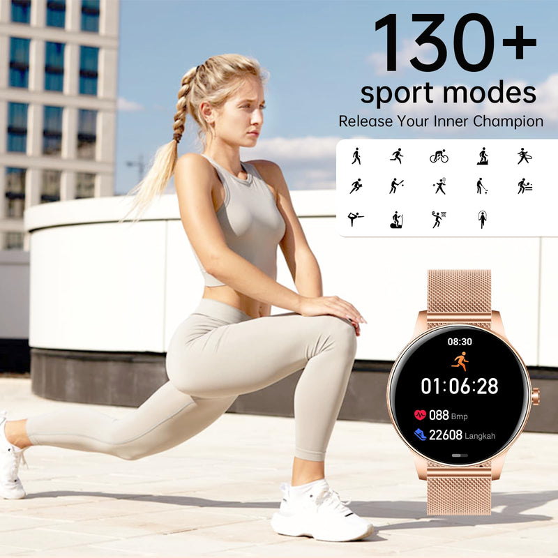 Smart Watch for Women(Answer/Make Calls), 1.27" HD Screen Fitness Tracker with Heart Rate/Sleep Monitor, 130+ Sport Modes IP68 Waterproof Activity Tracking, Smartwatch for Android Phones iPhone Rose Gold