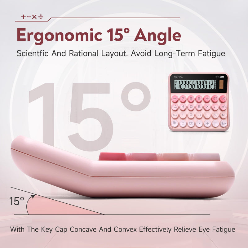 Desktop Calculator, 12 Digit HD Display with% Key | Real Mechanical Switch Keypad with Solar and Battery Dual Power, Great for Office, School, or Home Blush Pink
