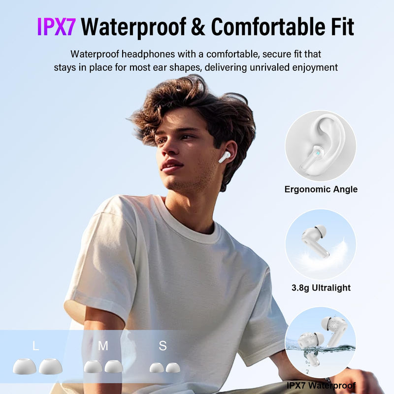 Wireless Earbuds, Bluetooth 5.4 Ear buds with Multifunctional Touch Screen, 48H Bass Stereo Headphones with ANC/ENC Noise Cancelling/Transparency mode, IPX7 Earphones with 5 EQ Modes, Ivory White