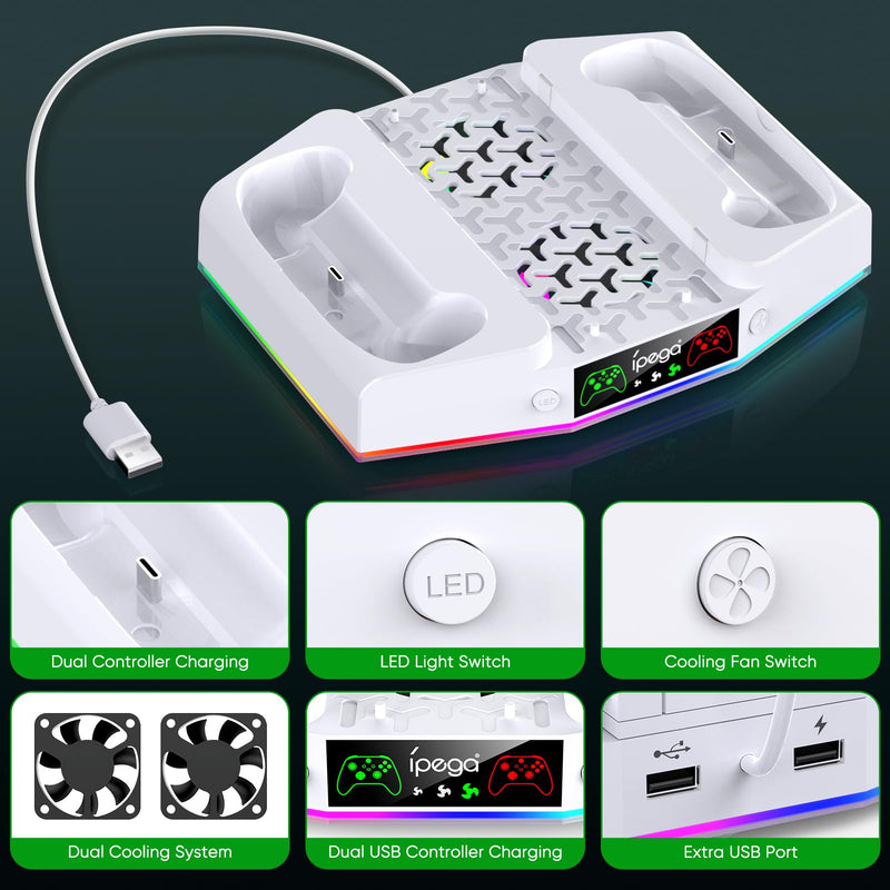 Upgraded Cooling Fan Stand for Xbox Series S with Charger Station, MENEEA Controller Charging Dock & Console Cooler System with 15 Colorful RGB Light & Headset Hook, Accessories for XSS White