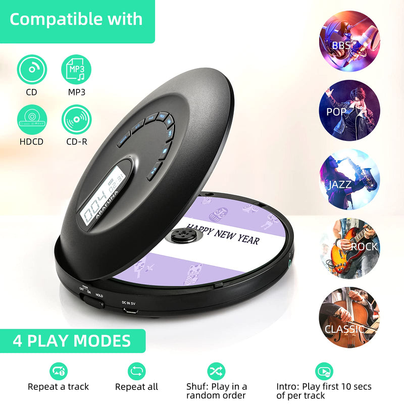 CD Player Portable, Rechargeable Portable CD Player for Car and Travel, Walkman CD Player with Headphone and Anti-Skip/Shockproof, Personal CD Player with LCD Display, AUX Cable, Backlight Black