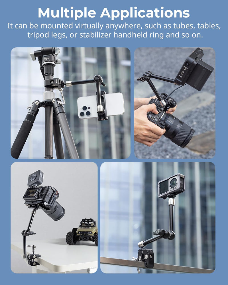 SmallRig Clamp w/ 1/4" and 3/8" Thread Holes, 9.8 Inches Adjustable Friction Power Articulating Magic Arm with Phone Holder for Action Cameras, Smartphones, LCD Monitor/LED Lights - 5326 9.8''+phone clamp