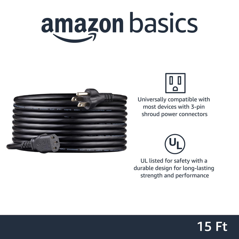 Amazon Basics 15 Feet Computer Monitor TV Replacement 3 Prong AC Power Cord, 18 AWG, 125 Volts, Black