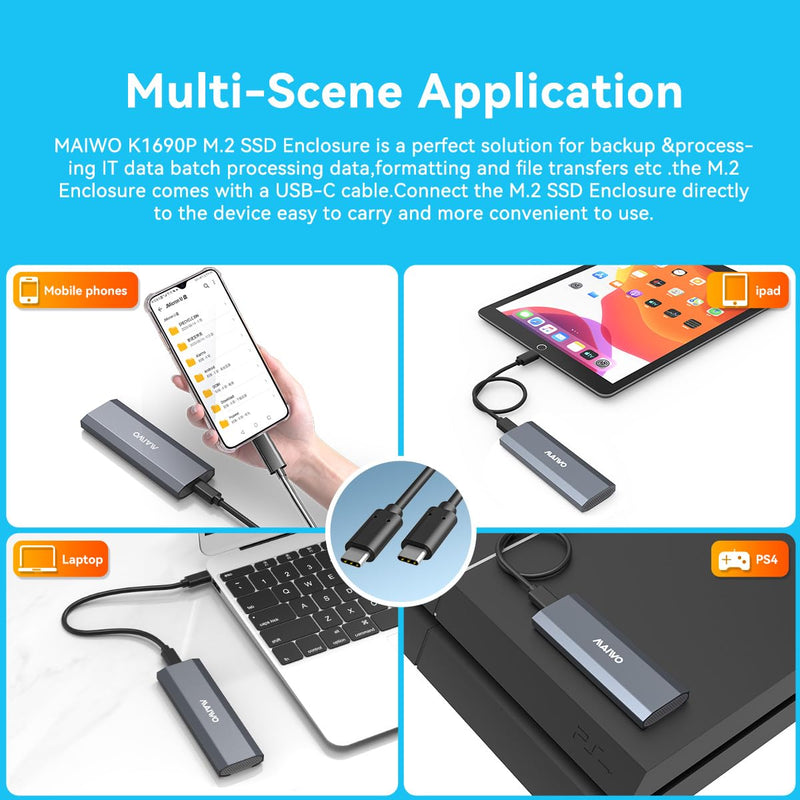 MAIWO M.2 SSD Enclosure Adapter, 10Gbps NVME Enclosure with Tool-free Design, 4TB Storage Expansion,M Keys,Aluminum Alloy,Automatic Sleep (FIts 2230/2240/2260/2280)
