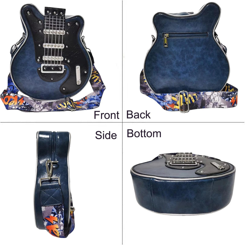 Men and Women Music Violin Guitar Shaped Crossbody Shoulder Bag Backpack Handbag PU Leather Unique Novelty Guitar Purse Blue