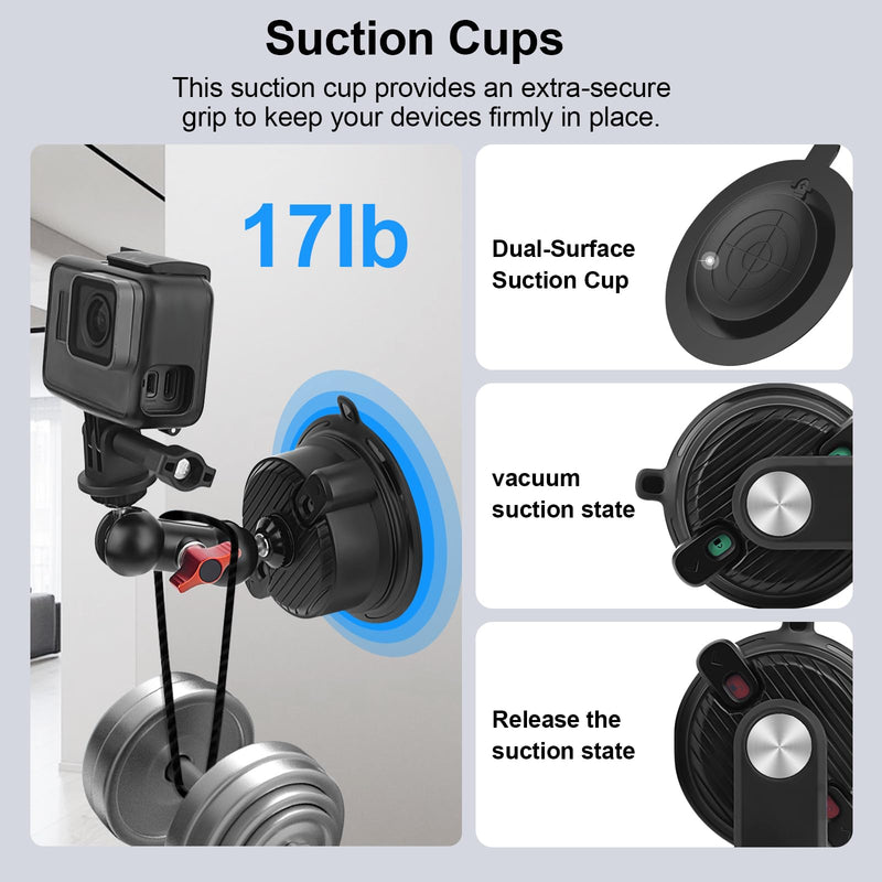 Suction Cup Car Mount with Phone Holder,360°Adjustable for Action Cameras & Smartphones,Windshield,Dashboard,Boat Mount for GoPro Hero 13/12/11/10,DJI OSMO Action,Insta360 X4/X3,and More