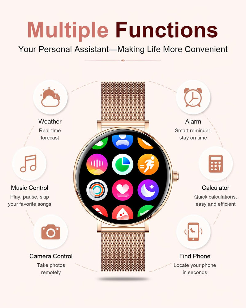 Smart Watches for Women,1.32'' AMOLED Ultra-Thin Smart Watch with Bluetooth Make/Answer Call,Heart Rate/SpO2/Sleep Tracker,120+ Sport Modes IP68 Fitness Watch Android/iOS Compatible,4 Straps,Rose Gold Rose Gold(4 Bands)