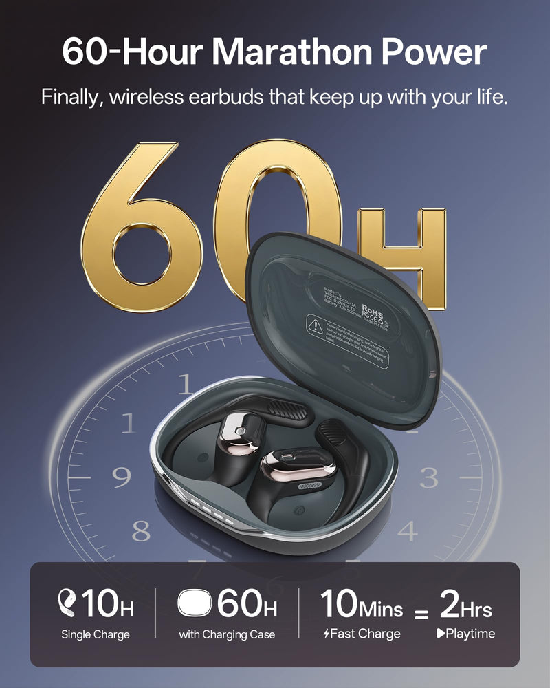 Open Ear Headphones, Over Ear Earbuds with Ear Hooks, True Wireless Bluetooth 6.0 Earphones with Mics, Stereo Sound, Ultra-Comfort, 60H Playtime, IPX7 Waterproof Ear Buds for Running Workout Black