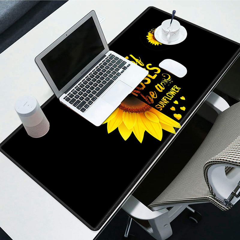 Desk Pad Mat Large Mouse Pad XL Extended Mousepad Gaming with Sunflower Black 31.5" 11.8" Huge Mouse Pads for Computer Laptop Home Office + Cup Coaster and Cute Stickers