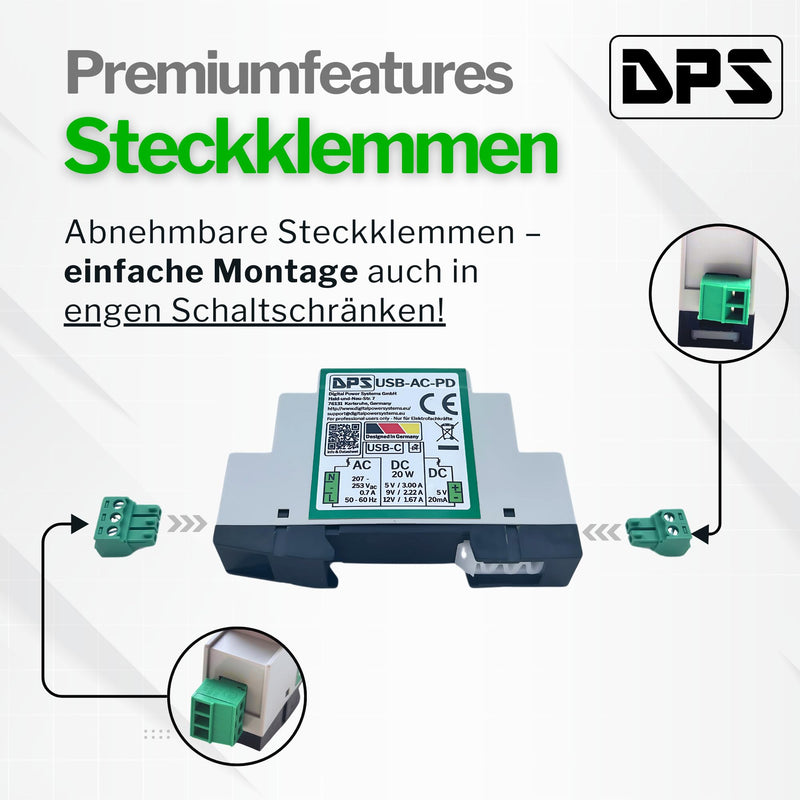 DPS DIN Rail Power Supply USB-C 230V AC, 20W Power Delivery - 5V/9V/12V - with Short Circuit & Surge Protection - Industrial Quality USB-C-AC-PD