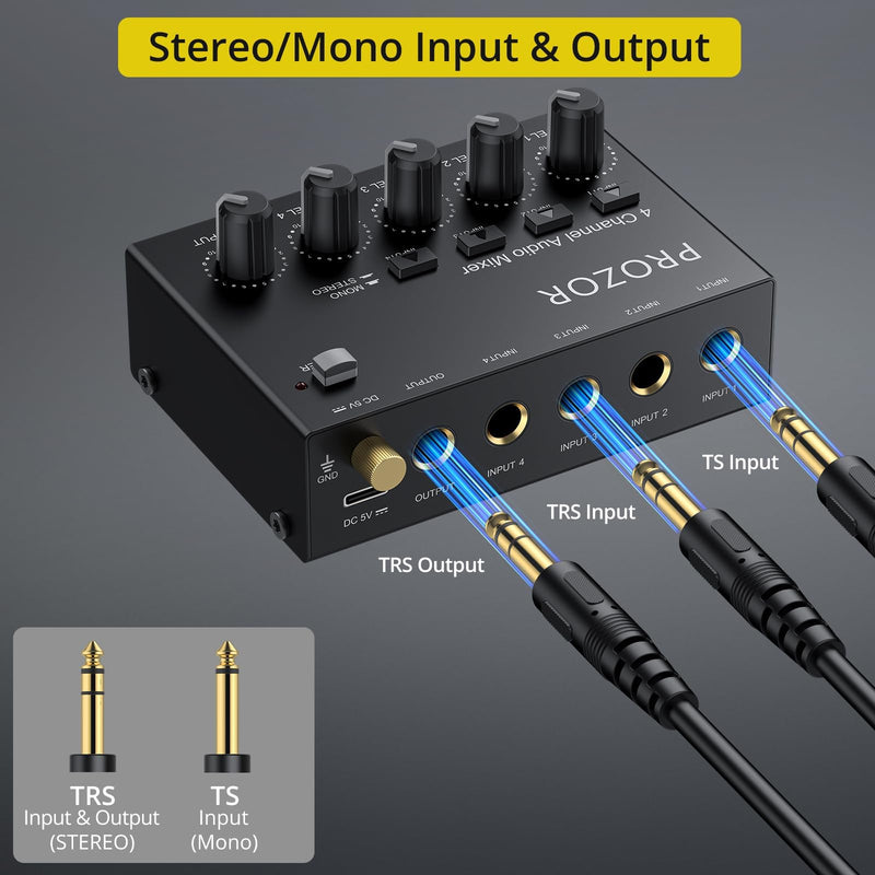 [AUSTRALIA] - PROZOR Mini Audio Mixer 4 Channel Line Mixer - USB-C Powered Sub Mixer with Volume Control & Stereo Mono Switch, Compact Low Noise Audio Mixer for Guitar, Bass, Keyboard, Recording, Streaming 