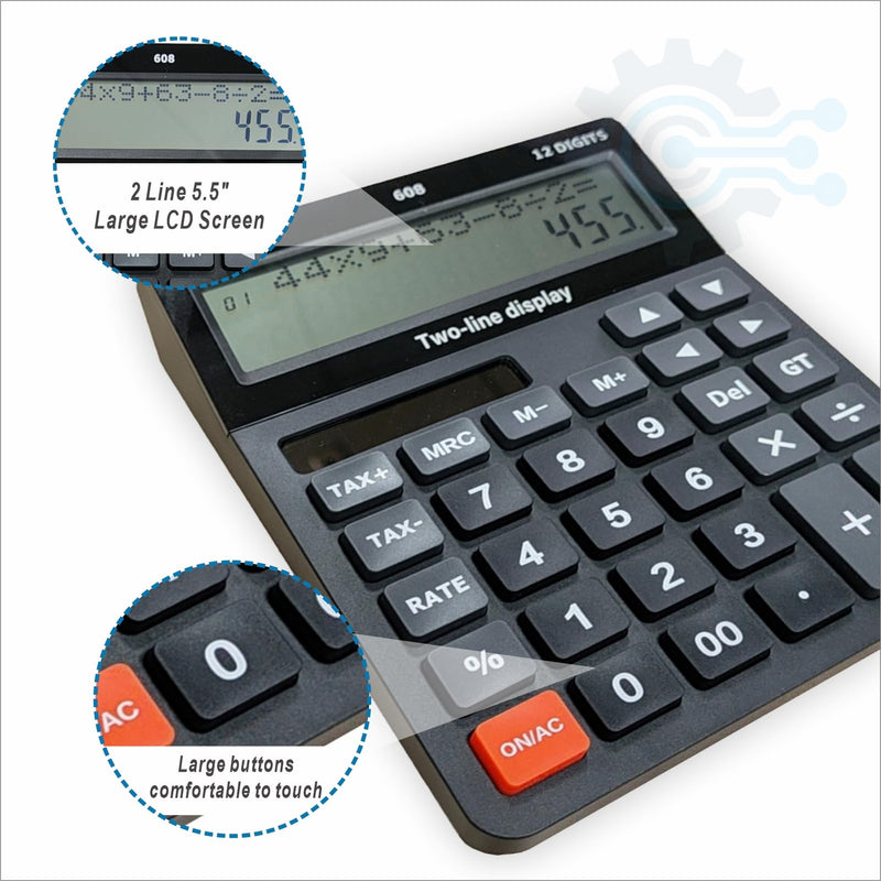 DECKLIT Battery and Solar Unique 120-Step Calculation Check 12 Digit 2 Line Extra Large Calculator Big Buttons and 5.5" LCD Display, Configurable Tax Rate Financial Calculator for Tax Calculations 2 line black