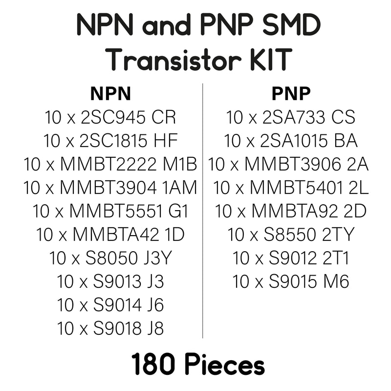 MMMO 180 transistors NPN and PNP SMD SOT23 2SA733 2SA1015 2SC945 2SC1815 MMBT2222 MMBT3904 MMBT3906 MMBT5401 MMBT5551 MMBTA42 MMBTA42 MMBTATA42 MMBTATA. 42 92 S8 050 S8550 S9012 S9013 S9014 S9015