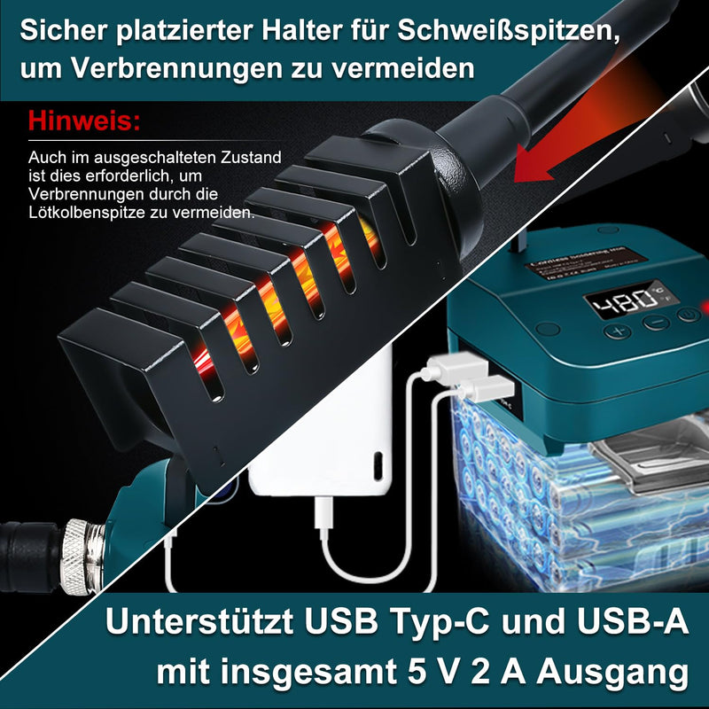 Wireless Soldering Iron for Bosch 18 V GBA/BAT Battery, Fast Heating Soldering Station with LED Digital Display, Mobility Soldering Iron with USB & Type-C for DIY, Device Repair, Wire Welding (Without Green