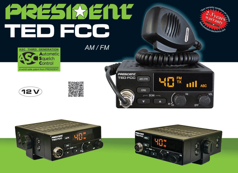 President Ted FCC AM/FM 40 Channel Compact CB Radio, LED Display, Emergency Channels, Automatic Squelch Control, PTT, 6pin MIc Plug, Time Out Timer, Key Beep, 2 Years Manufacture Warranty