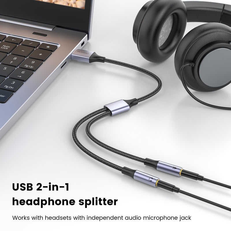 MOSWAG USB Audio Adapter External Sound Card Stereo Cable with Dual TRS 3-Pole 3.5mm Headphone and Microphone Jacks USB to Dual 3.5mm Audio Jack Adapter Cable for Windows Mac PC Laptops 10 Inch/25 cm Black