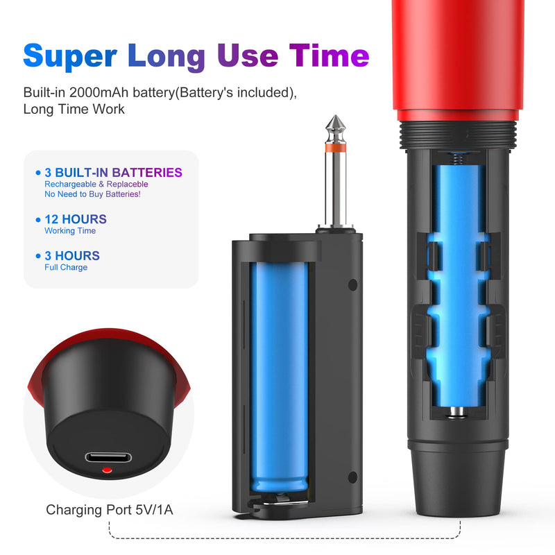 Wireless Microphones, Professional Dual Karaoke Microphones, Wireless Dynamic Microphone System Set with Rechargeable Receiver for Home Party, Speech, Wedding, Church, PA System Red