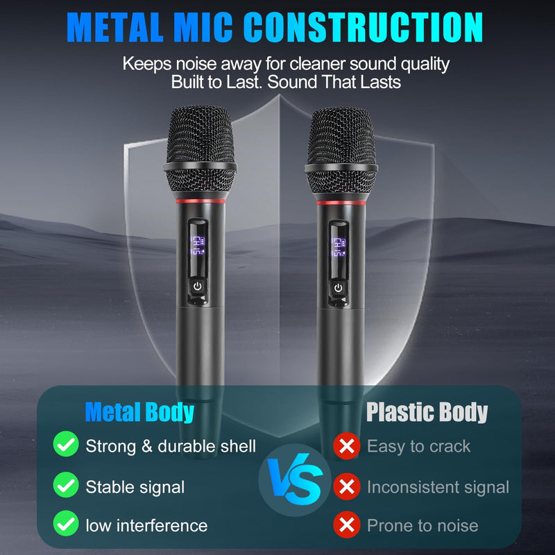 Wireless Microphone System for Karaoke, Dual UHF Metal Wireless Mic with Rechargeable Receiver, for PA System, Speaker, Party, DJ, Wedding, Church (Black) Black