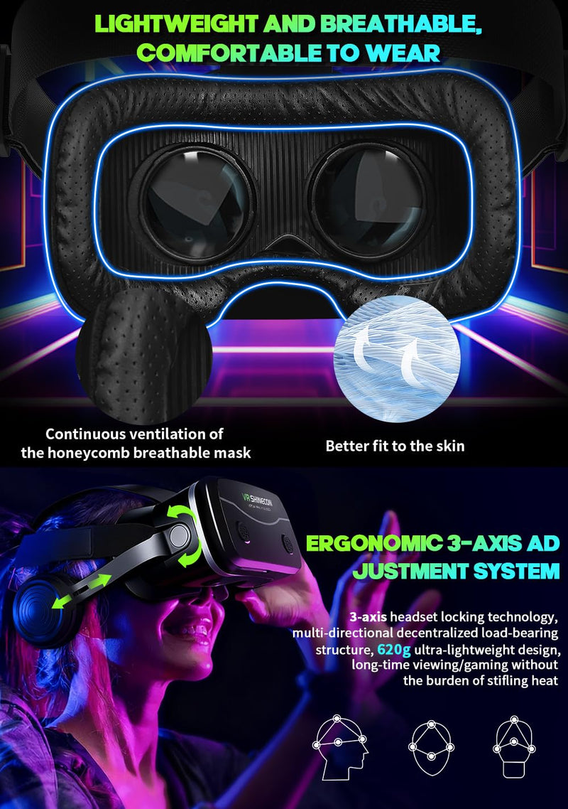 Smartphone VR Headset with Built‑in Headphones, Immersive 3D for 4.7-7.2" iPhone/Android, HD Aspheric Lenses, Adjustable Focus & Pupil Distance, Advanced Heat Dissipation for Comfort