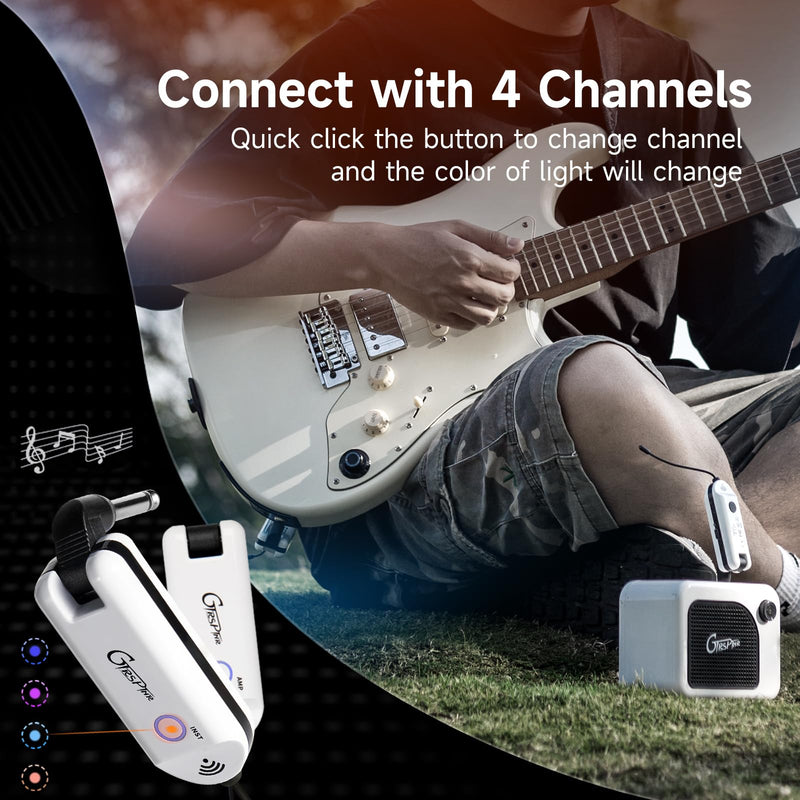 GTRS GWU4 UHF Guitar Wireless System 4 Channels Rechargeable Transmitter and Receiver, Auto Match, Low Latency, 100 Feet Range, Stable Connectionfor Electric Guitars Bass and More (White) White