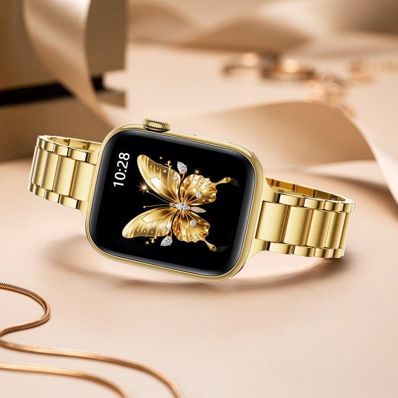 Slim Apple Watch Leather Band and Stainless Steel Metal Band for iWatch 38mm, 40mm, and 41mm，Black Gold+Metal Gold