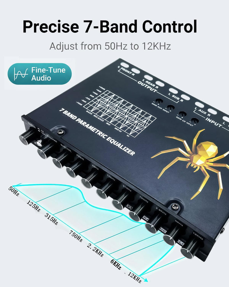 7 Band Car Audio Equalizer, 7 Bands EQ Car Amplifier Graphic Equalizer W/Front, Rear + Sub Output, CD/AUX in Select Switch，Adjustable Audio Output for Car, Boat