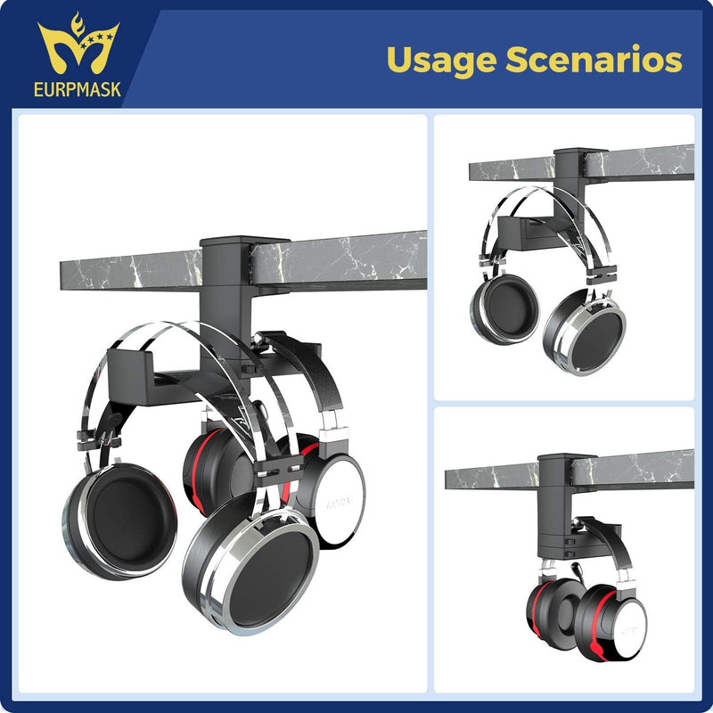 PC Gaming Headphone Stand, Dual Headset Hanger Hook Holder with Adjustable & Rotating Arm Clamp , Under Desk Design , Universal Fit , Built in Cable Clip Organizer EURPMASK Black