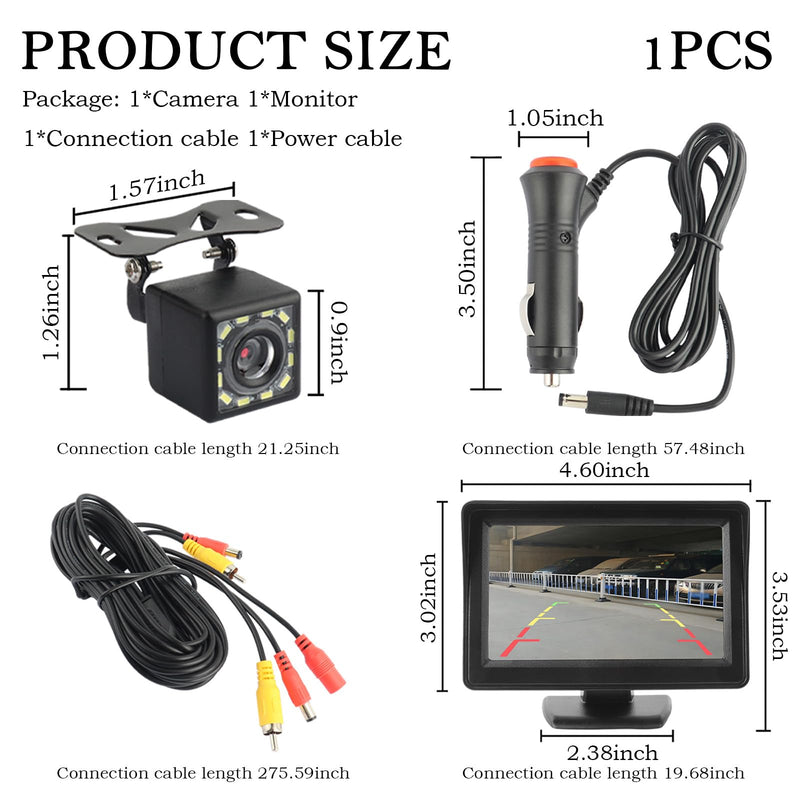 Plug & Play Backup Camera with Monitor 4.6'',12 LED HD Rearview Mirror Camera for Night Vision,150° Wide Angle Universal Car Reverse Camera with Monitor System Fits Cars,SUV,Trucks
