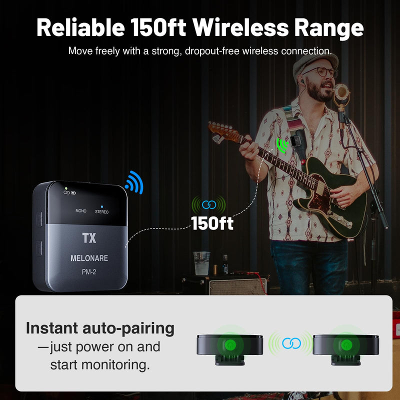 MELONARE Portable Wireless in Ear Monitor System with Charging Case PM-2 | Wireless Audio Transmitter and Receiver, 24bit/48kHz Audio, Mono/Stereo Switch, OTG Input, Live Shows, Studios, Bands