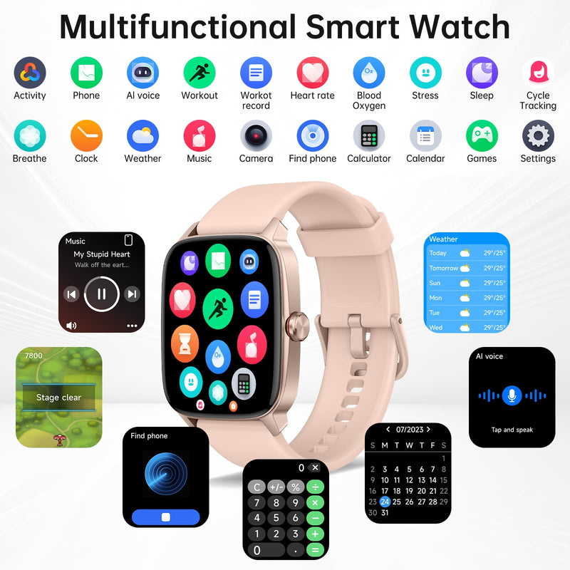 Smart Watches for Women Men with Bluetooth Call & AI Voice, 1.85" HD Fitness Tracker with Heart Rate SpO2 Sleep Monitor, 100+ Sports Modes,Mini Games, IP68 Waterproof Smartwatch for Android iOS Phones Light Pink