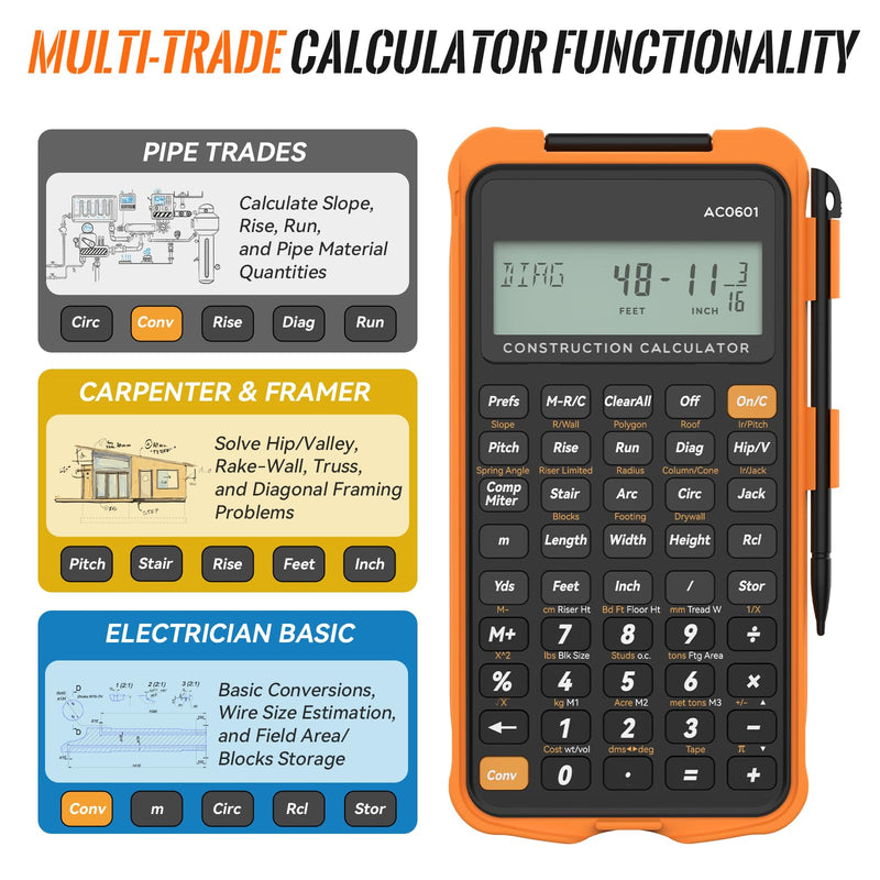 Construction Calculator Engineering Calculator with Writing Tablet | Professional Math Tool for Contractors, Carpenters, Feet-Inch-Fraction Converter with Sturdy Protective Cover Gray Orange Construction Calculator with Writing Tablet