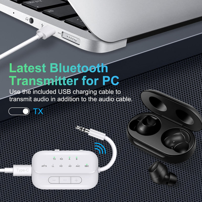 Bluetooth Transmitter Receiver,2-in-1 V5.3 Wireless Transmitter for Airplane,TV,PC,Gym,Switch. Supports up to 2 AirPods/Headphones. Bluetooth Receiver for Car/Home Stereo,with AptX Low Latency & HD White