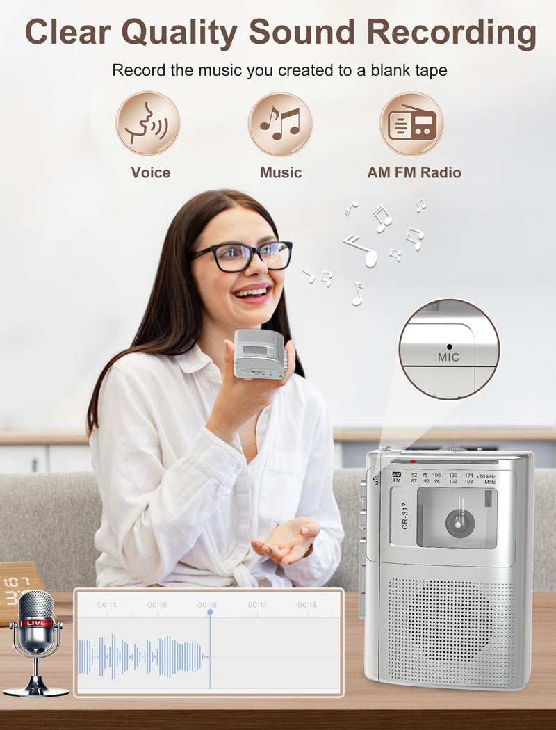 Cassette Player Recorder with Bluetooth Transmitter Walkman, Portable AM FM Cassette Player with Big Speaker, Stereo Earphone Jack, Support Microphone Recording, 2AA Battery or USB Power for Home Silver