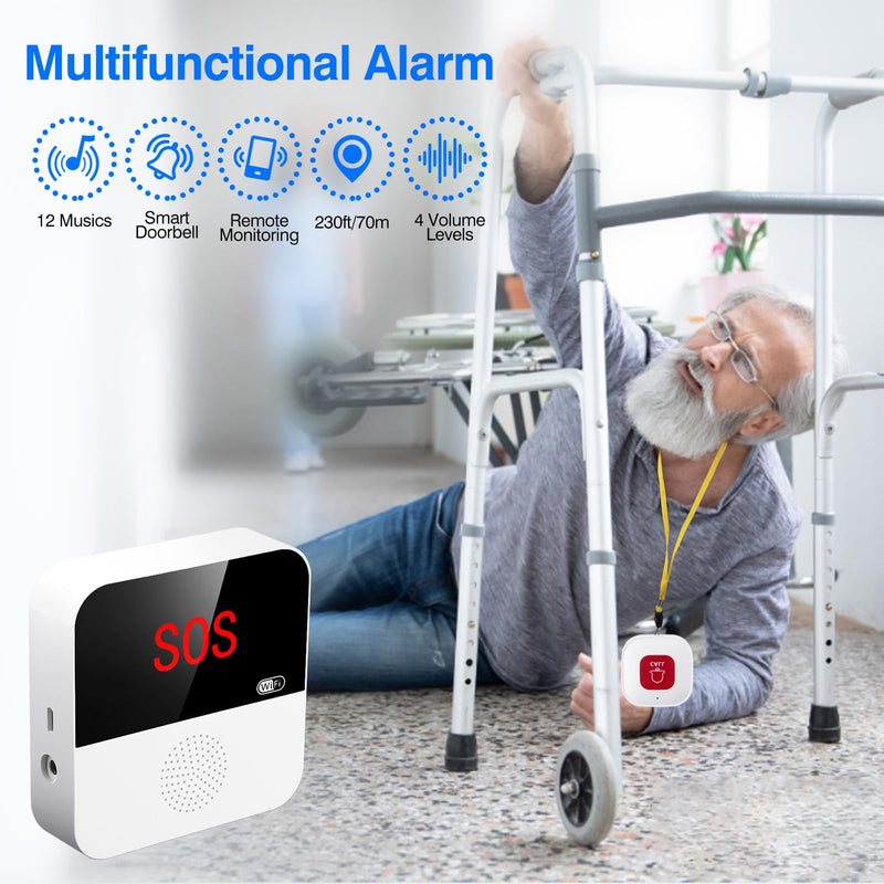 WiFi Elderly Monitoring, Caregiver Pagers Life Alert Systems for Seniors no Monthly Fee, 1 Receiver & 2 Panic Button, Compatible with Tuya Smart/Smart Life APP (Only Supports Wi-Fi 2.4GHz ) 1 Receiver+2 Button